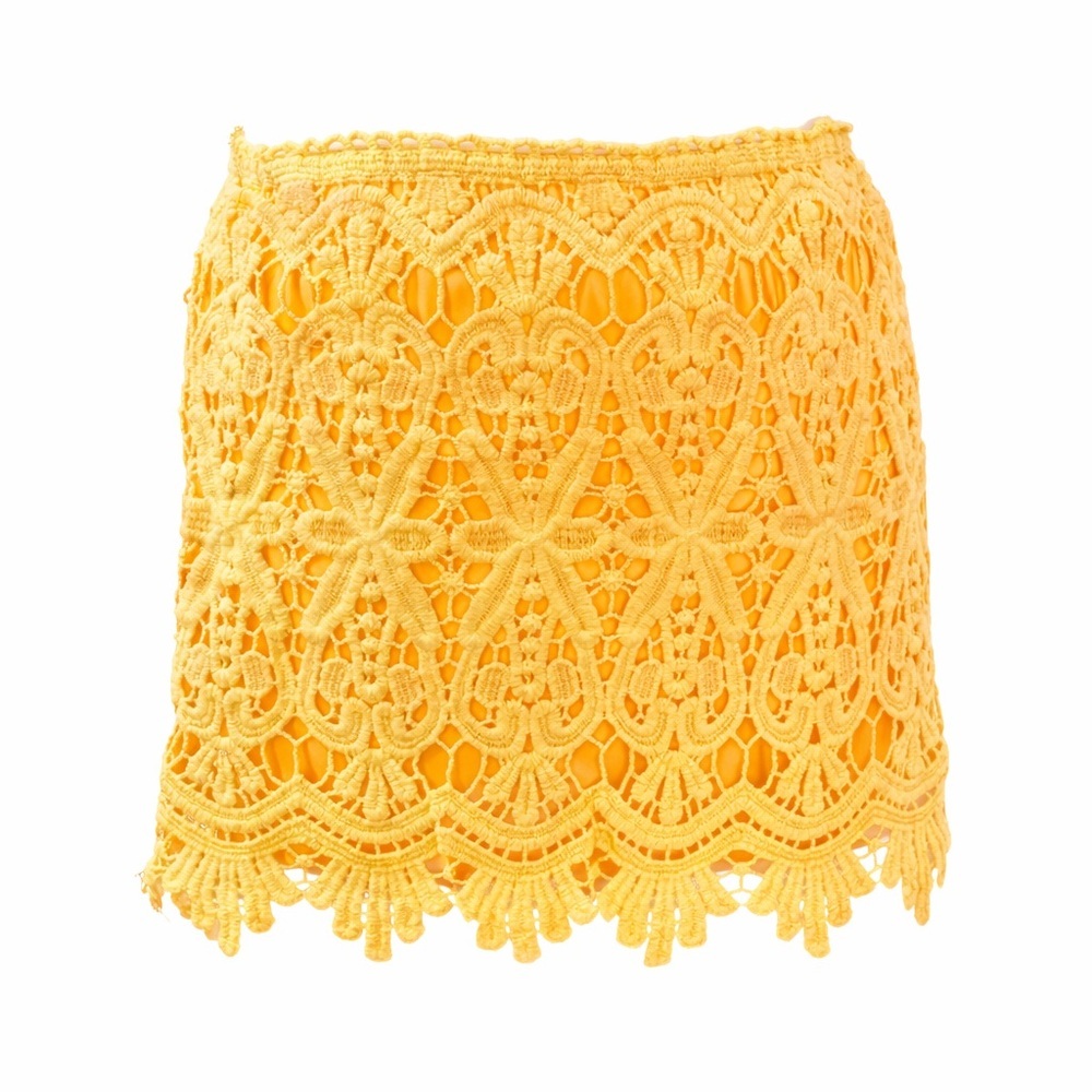 Young Threads Yellow Lace Mini Skirt Small Crochet Floral Boho Lined Summer
